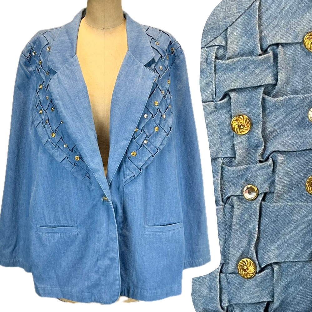 VINTAGE 80s denim jeans blazer 100% cotton beaded jeweled women’s‎ jacket coat